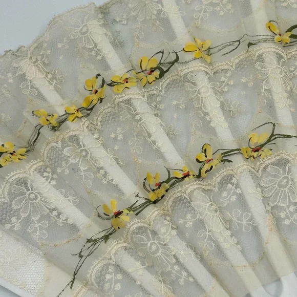 Elegant Lace Hand Fan with Yellow Floral Design - Picture 2 of 4